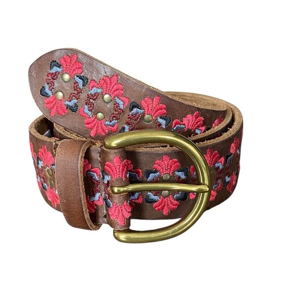Lucky Brand Brown Leather Belt Red Embroidery size medium Gold Buckle - Picture 1 of 5